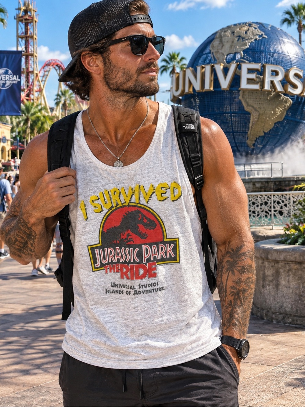 Universal Gray Jurassic Park I Survived Tank Top with Red & Yellow Logo